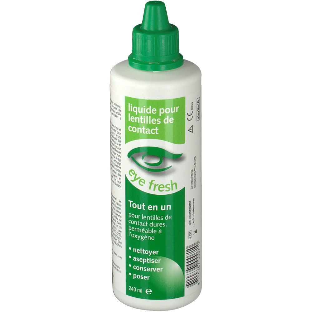 Flacon blanc et bouchon vert. Inscription: Eye Fresh, liquide pour lentilles de contact. Contient nettoyer, aseptiser, conserver, poser.