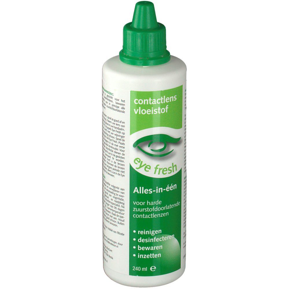 Flacon blanc et bouchon vert. Inscription: Eye Fresh, Alles-in-één, pour lentilles de contact perméables à l'oxygène. Contient nettoyer, désinfecter, conserver, poser.