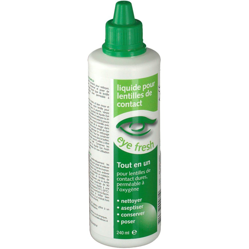 Flacon blanc et bouchon vert. Inscription: Eye Fresh, liquide pour lentilles de contact. Contient nettoyer, aseptiser, conserver, poser.