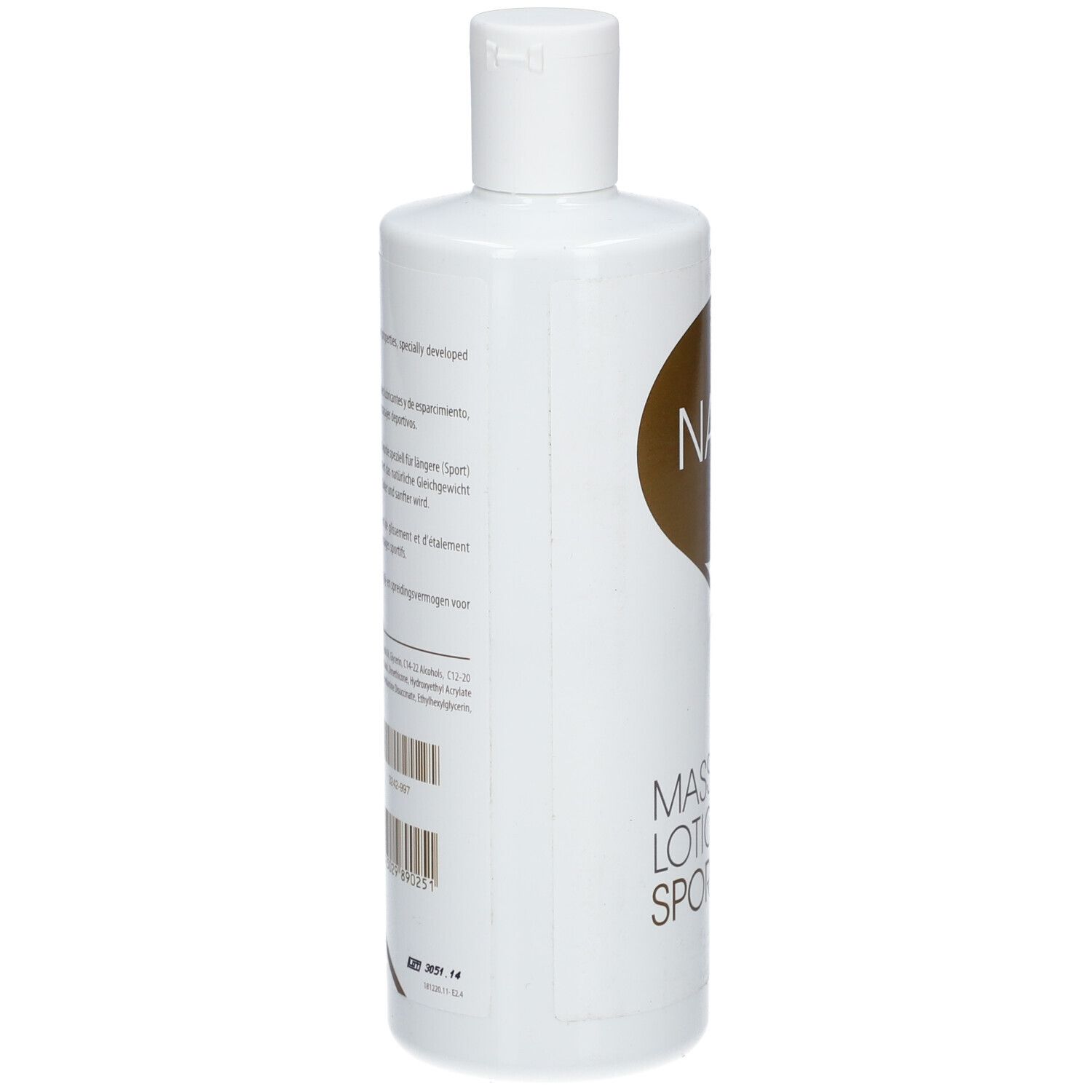 Weiße Flasche mit Text auf der Rückseite. Barcode und weitere Informationen.