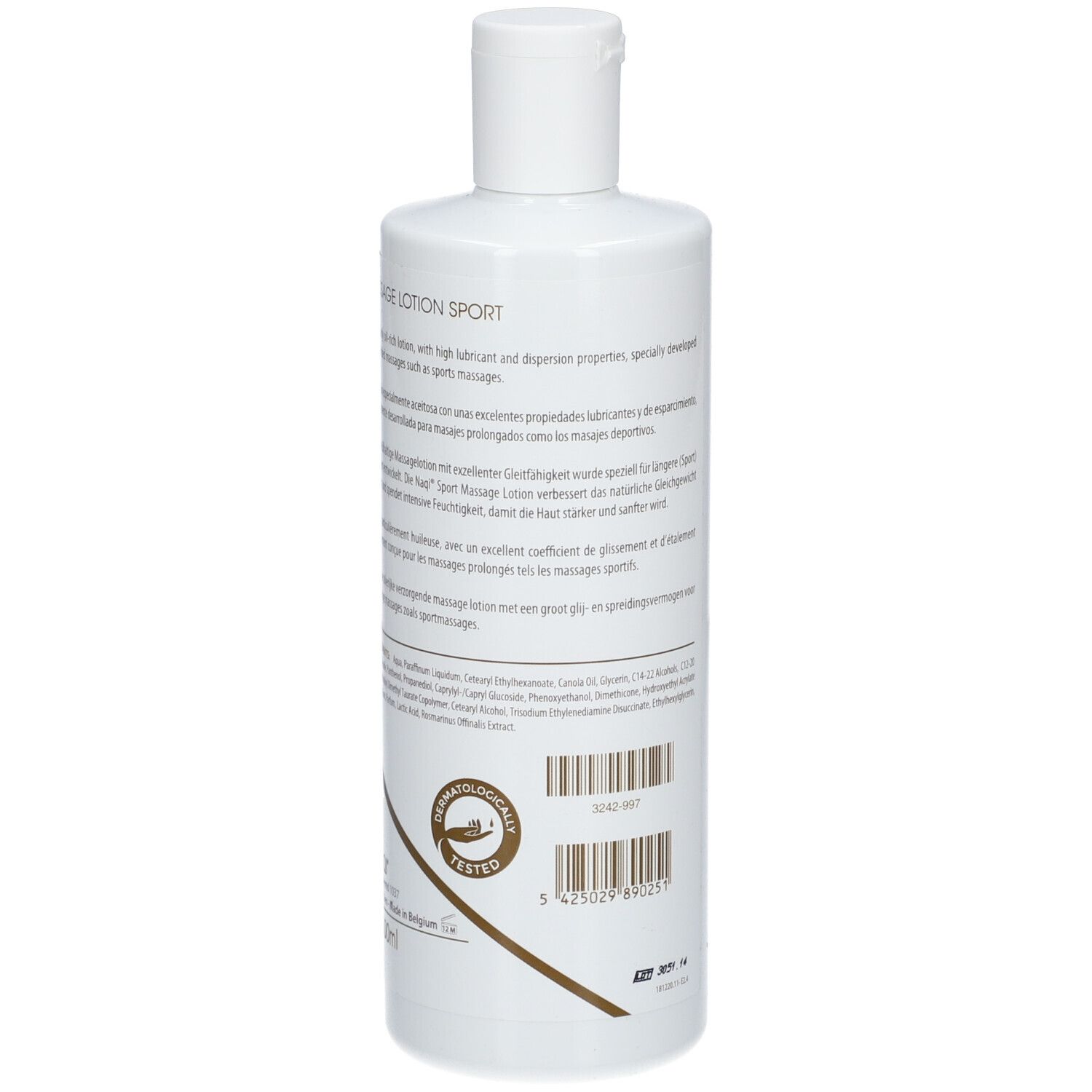 Weiße Flasche mit Text auf der Rückseite. Barcode und dermatologisch getestet.