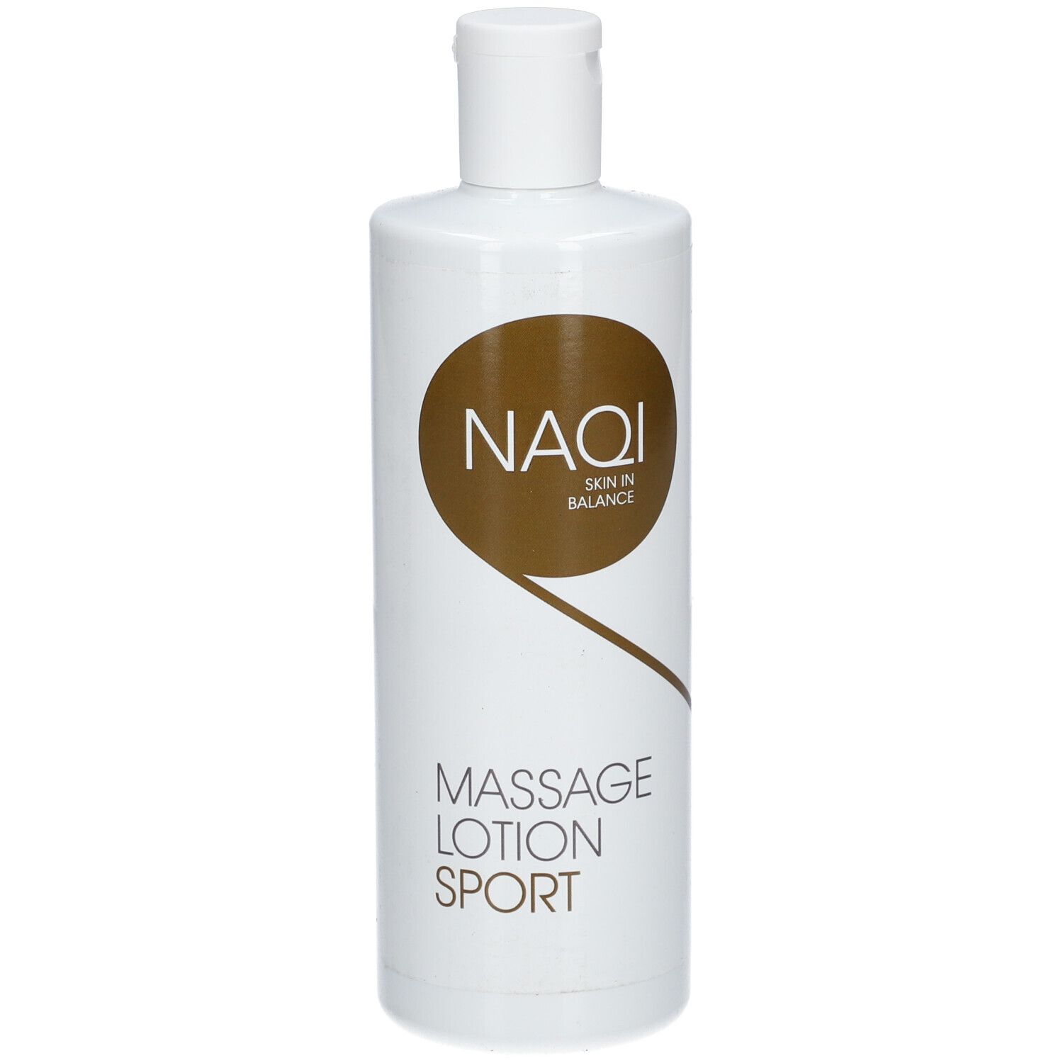 Weiße Flasche mit braunem Kreis und Schriftzug NAQI. Darunter steht Massage Lotion Sport.