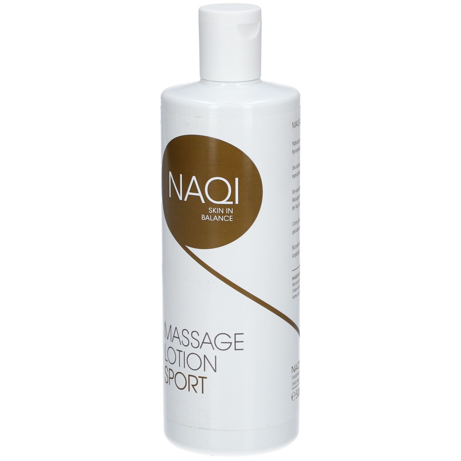 Weiße Flasche mit braunem Kreis und Schriftzug NAQI. Darunter steht Massage Lotion Sport.