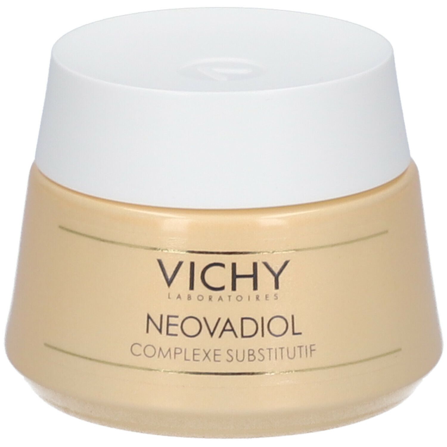 Pot de crème avec couvercle blanc. Inscription: VICHY, NEOVADIOL, COMPLEXE SUBSTITUTIF.
