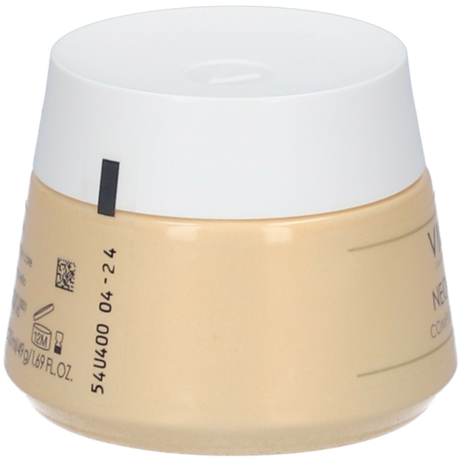 Pot de crème beige avec couvercle blanc. Sur le côté: informations et code QR.