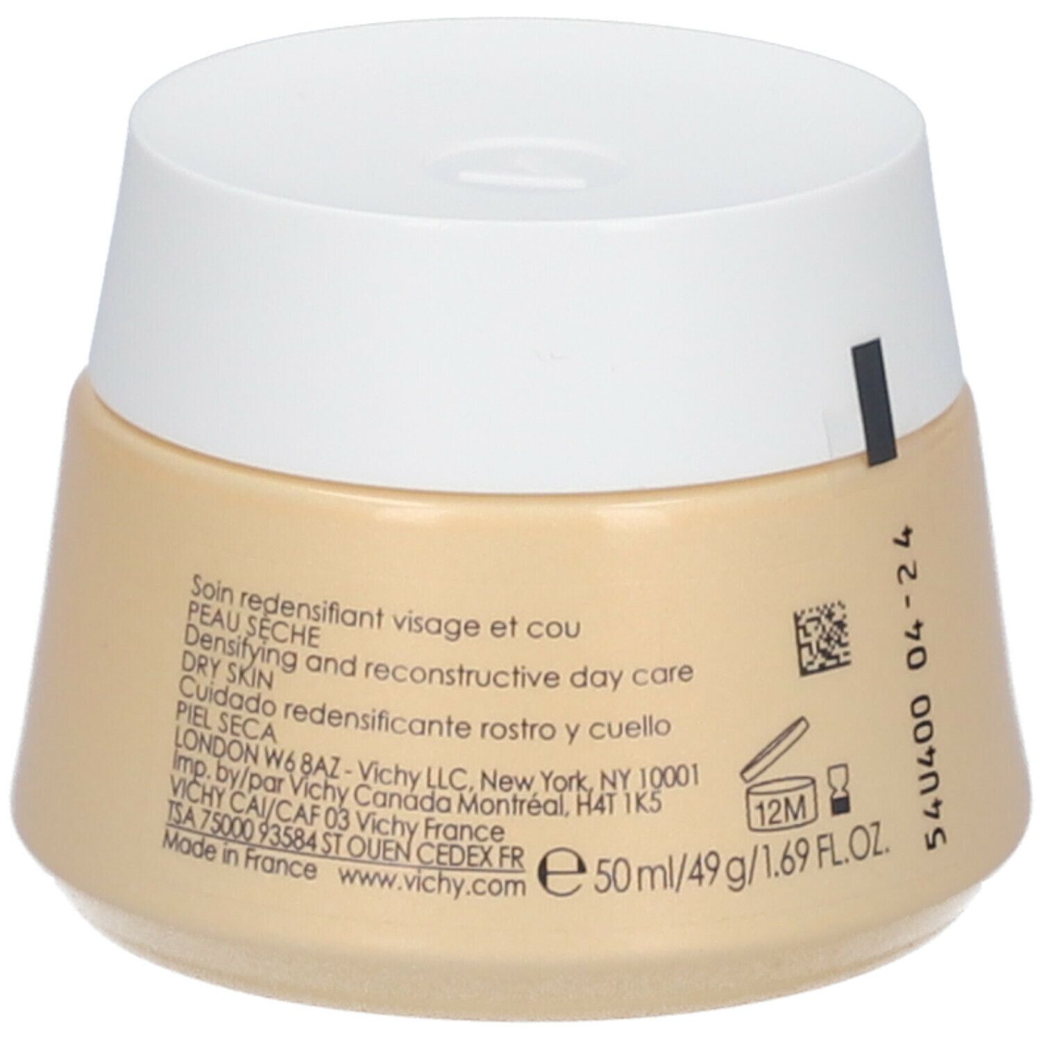 Pot de crème beige avec couvercle blanc. Sur le côté: texte, code QR, symbole 12M, 50 ml.