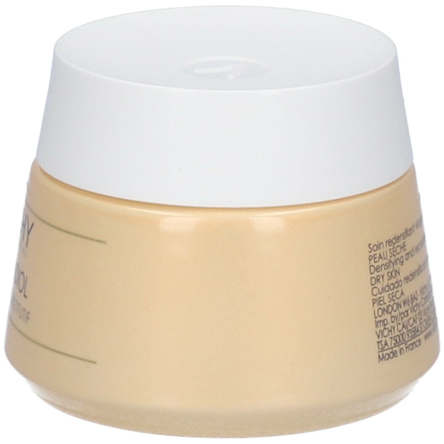 Pot de crème avec couvercle blanc. Sur le côté: texte, code QR, symbole 12M, 50 ml.