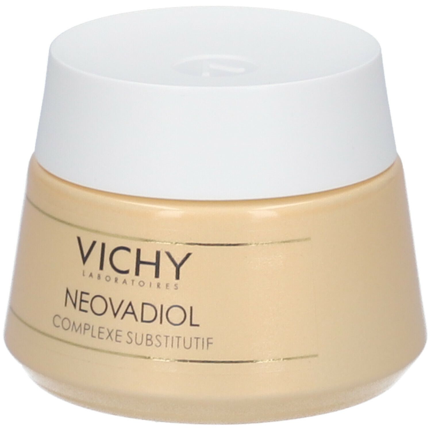Pot de crème avec couvercle blanc. Inscription: VICHY, NEOVADIOL, COMPLEXE SUBSTITUTIF.