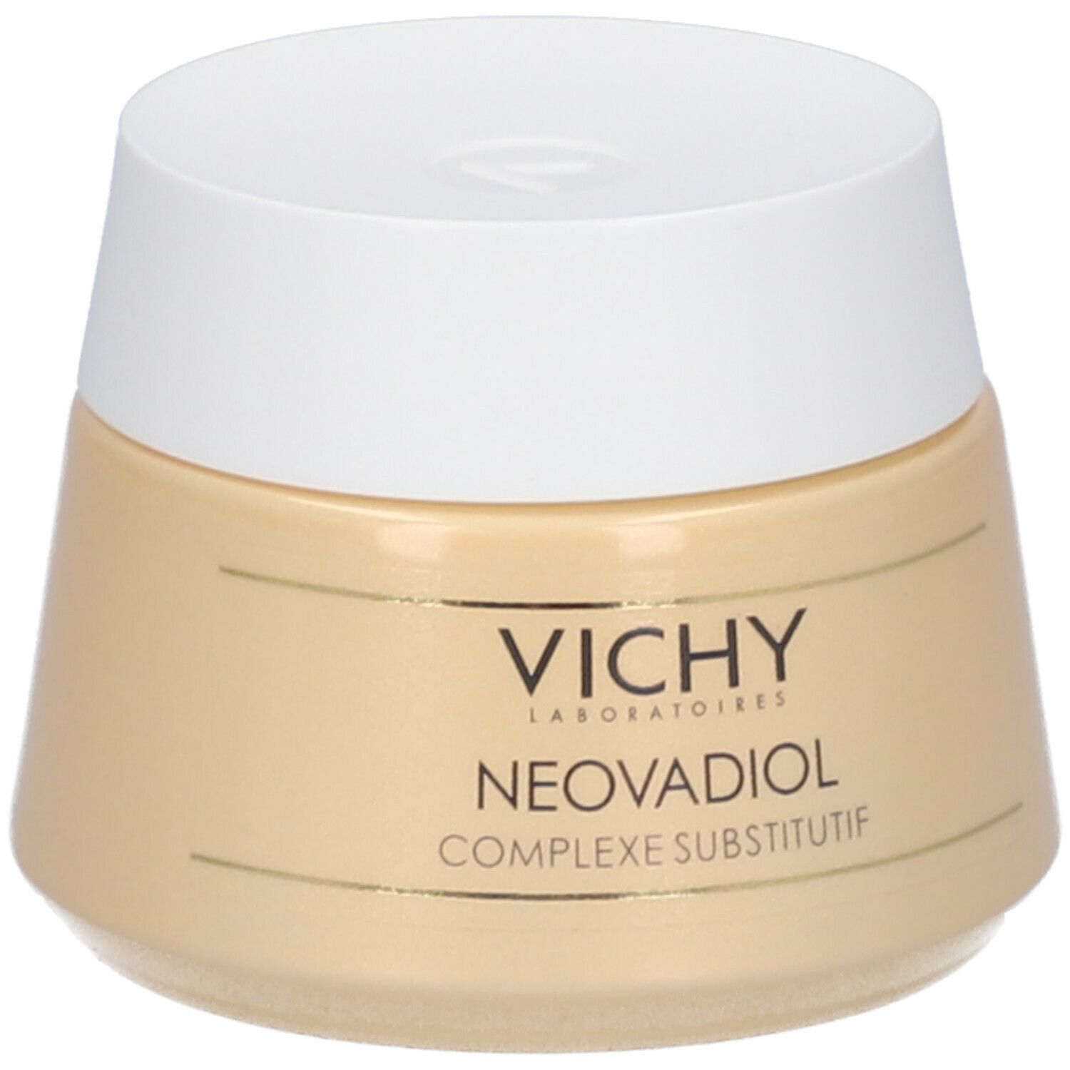 Pot de crème avec couvercle blanc. Inscription: VICHY, NEOVADIOL, COMPLEXE SUBSTITUTIF.
