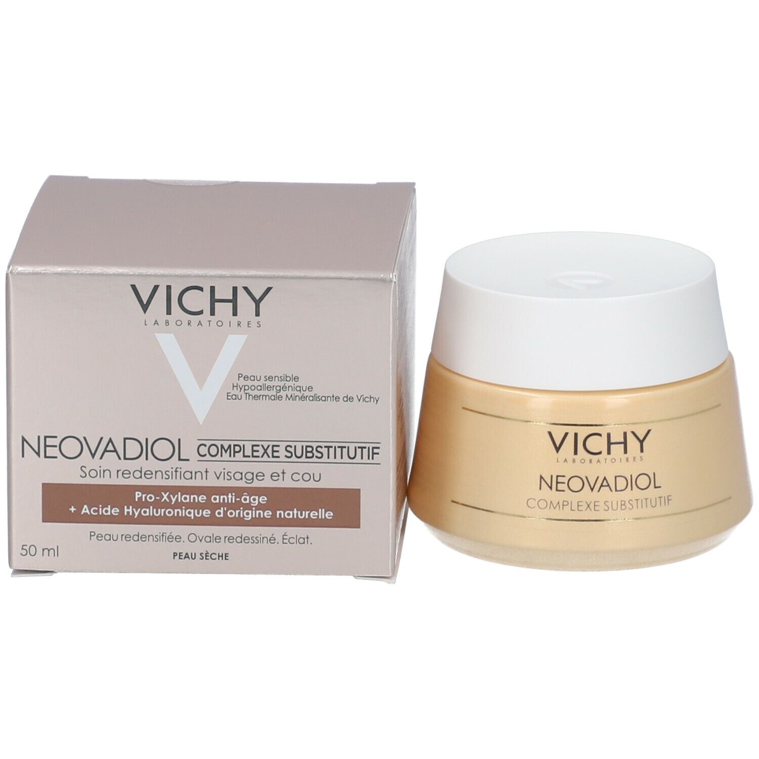 Pot de crème et boîte. Inscription: VICHY, NEOVADIOL, COMPLEXE SUBSTITUTIF, 50 ml.
