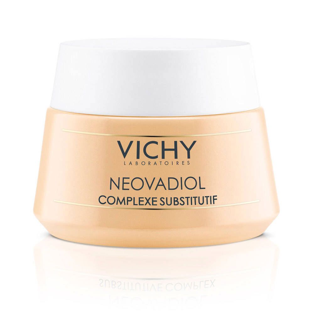 Pot de crème avec couvercle blanc. Inscription : VICHY, NEOVADIOL, COMPLEXE SUBSTITUTIF. Pot beige, couvercle blanc.
