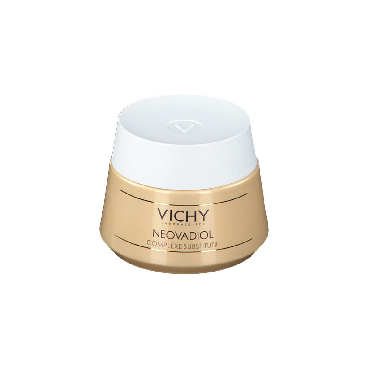 Pot de crème avec couvercle blanc. Inscription : VICHY, NEOVADIOL, COMPLEXE SUBSTITUTIF. Pot beige, couvercle blanc.