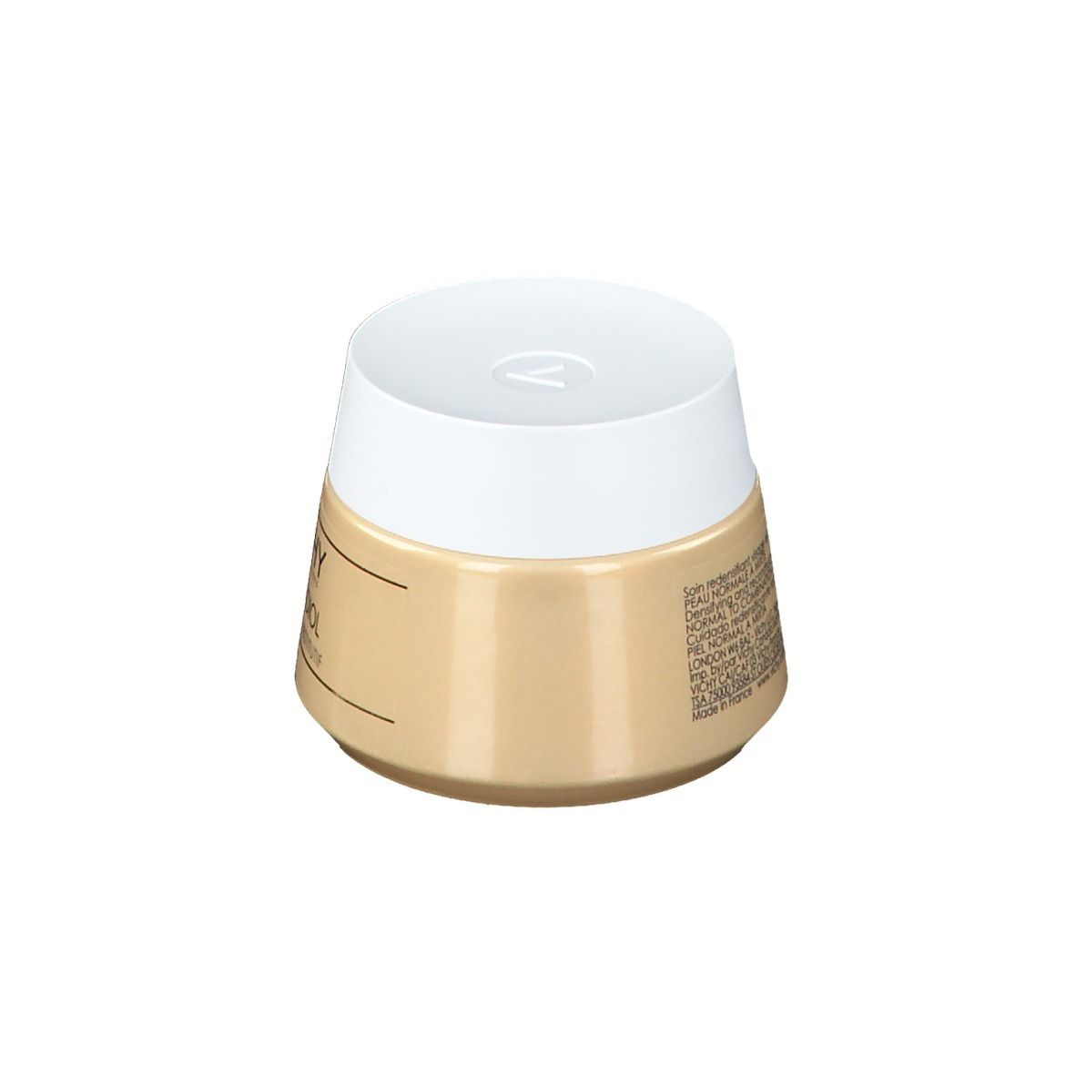 Pot de crème avec couvercle blanc. Inscription : VICHY, NEOVADIOL, COMPLEXE SUBSTITUTIF. Pot beige, couvercle blanc.