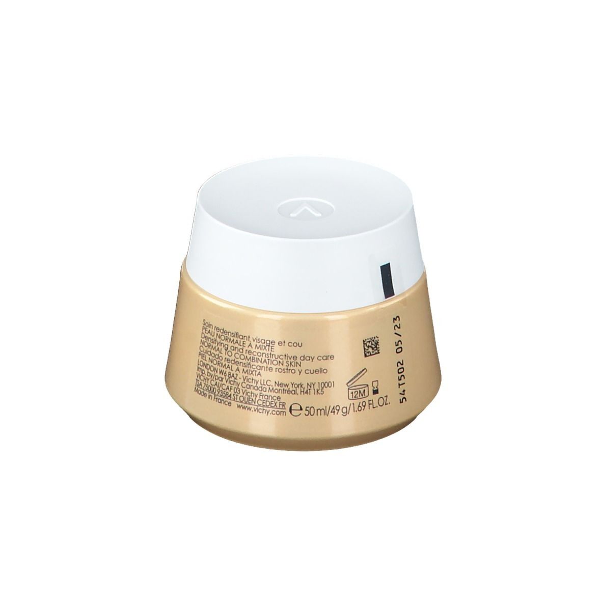 Pot de crème avec couvercle blanc. Inscription : VICHY, NEOVADIOL, COMPLEXE SUBSTITUTIF. Pot beige, couvercle blanc.