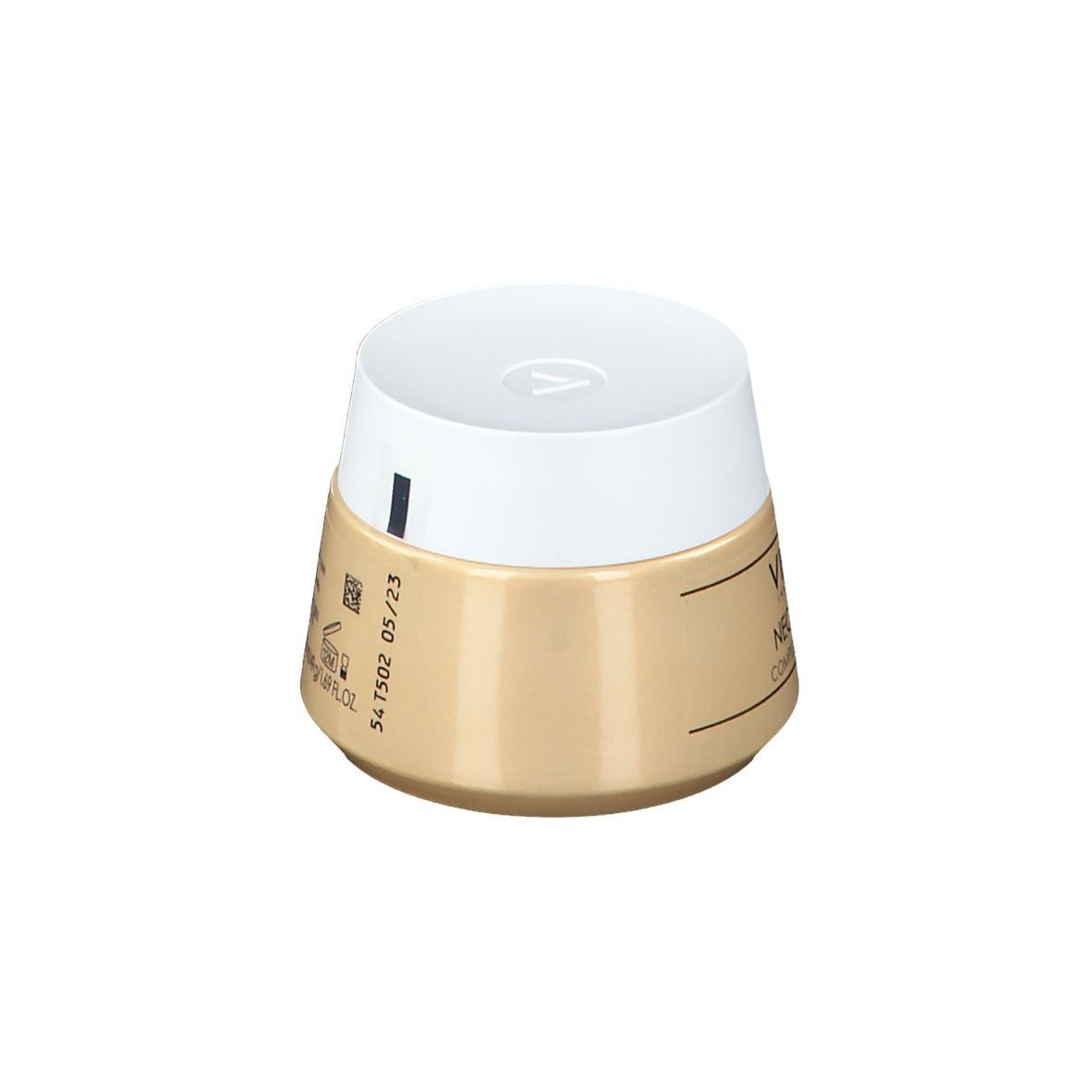 Pot de crème avec couvercle blanc. Inscription : VICHY, NEOVADIOL, COMPLEXE SUBSTITUTIF. Pot beige, couvercle blanc.