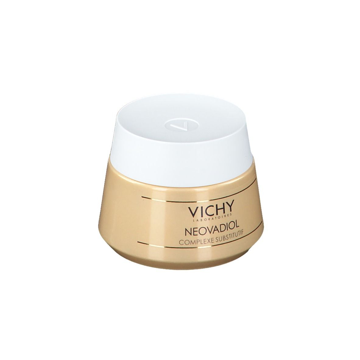 Pot de crème avec couvercle blanc. Inscription : VICHY, NEOVADIOL, COMPLEXE SUBSTITUTIF. Pot beige, couvercle blanc.