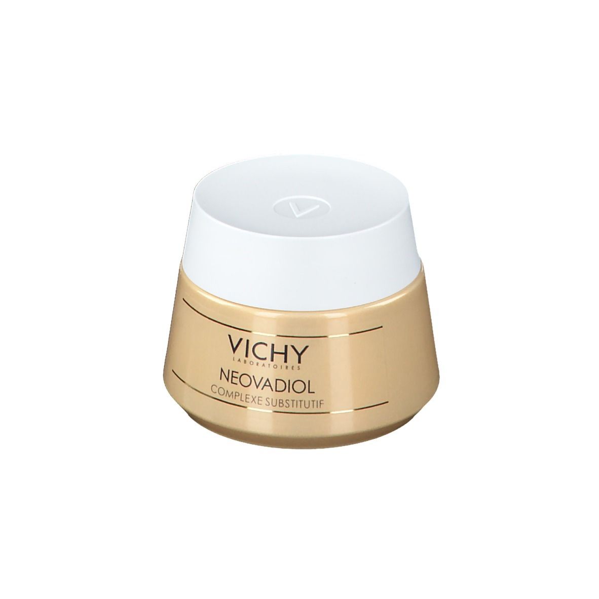 Pot de crème avec couvercle blanc. Inscription : VICHY, NEOVADIOL, COMPLEXE SUBSTITUTIF. Pot beige, couvercle blanc.