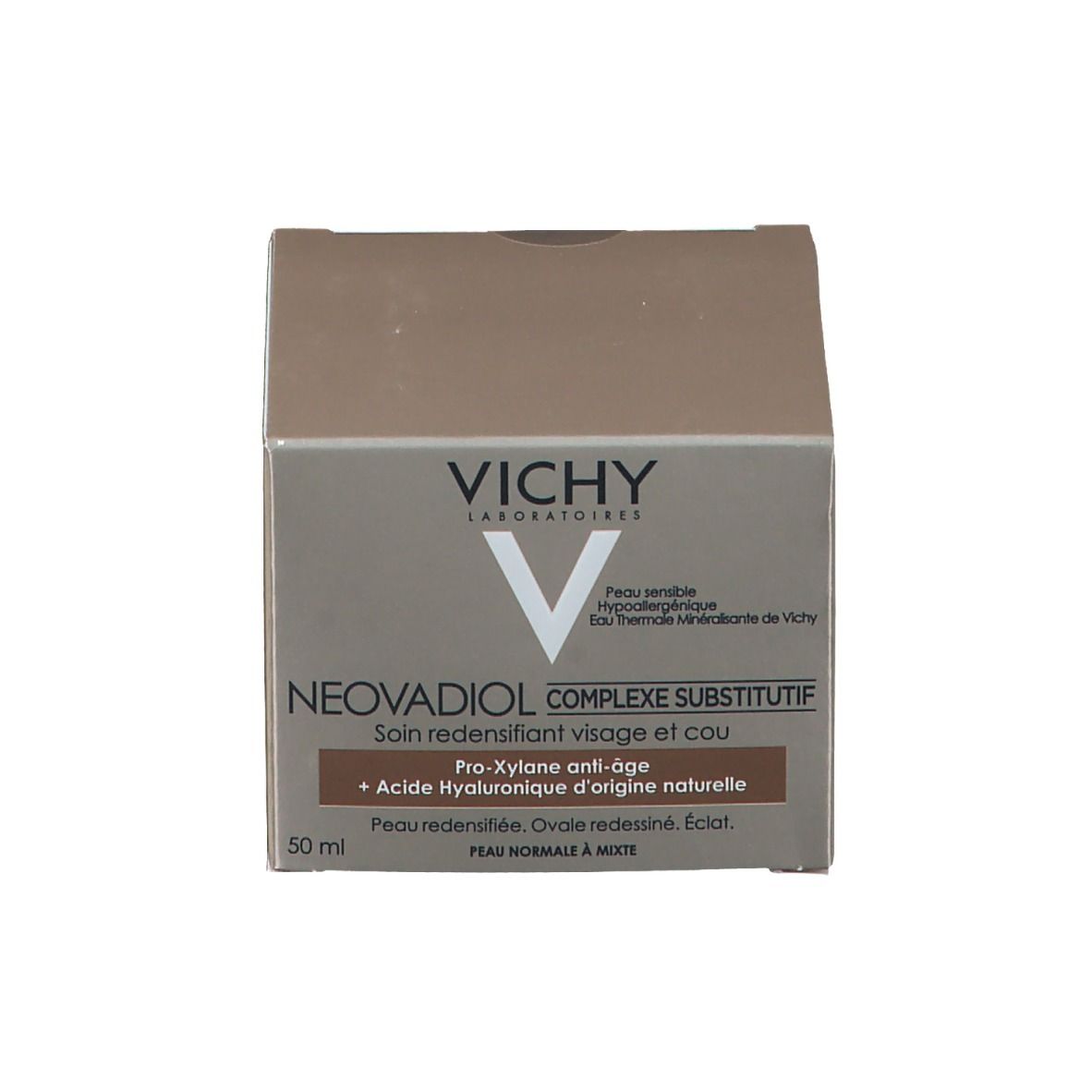 Emballage en carton avec inscription : VICHY, NEOVADIOL, Soin redensifiant visage et cou. 50 ml.