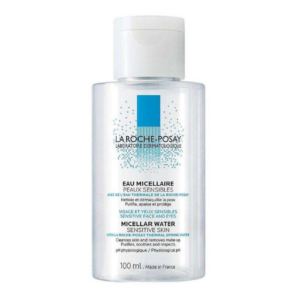 Flacon transparent avec bouchon blanc. Inscription: LA ROCHE-POSAY, Eau Micellaire, Peaux Sensibles. 100 ml.