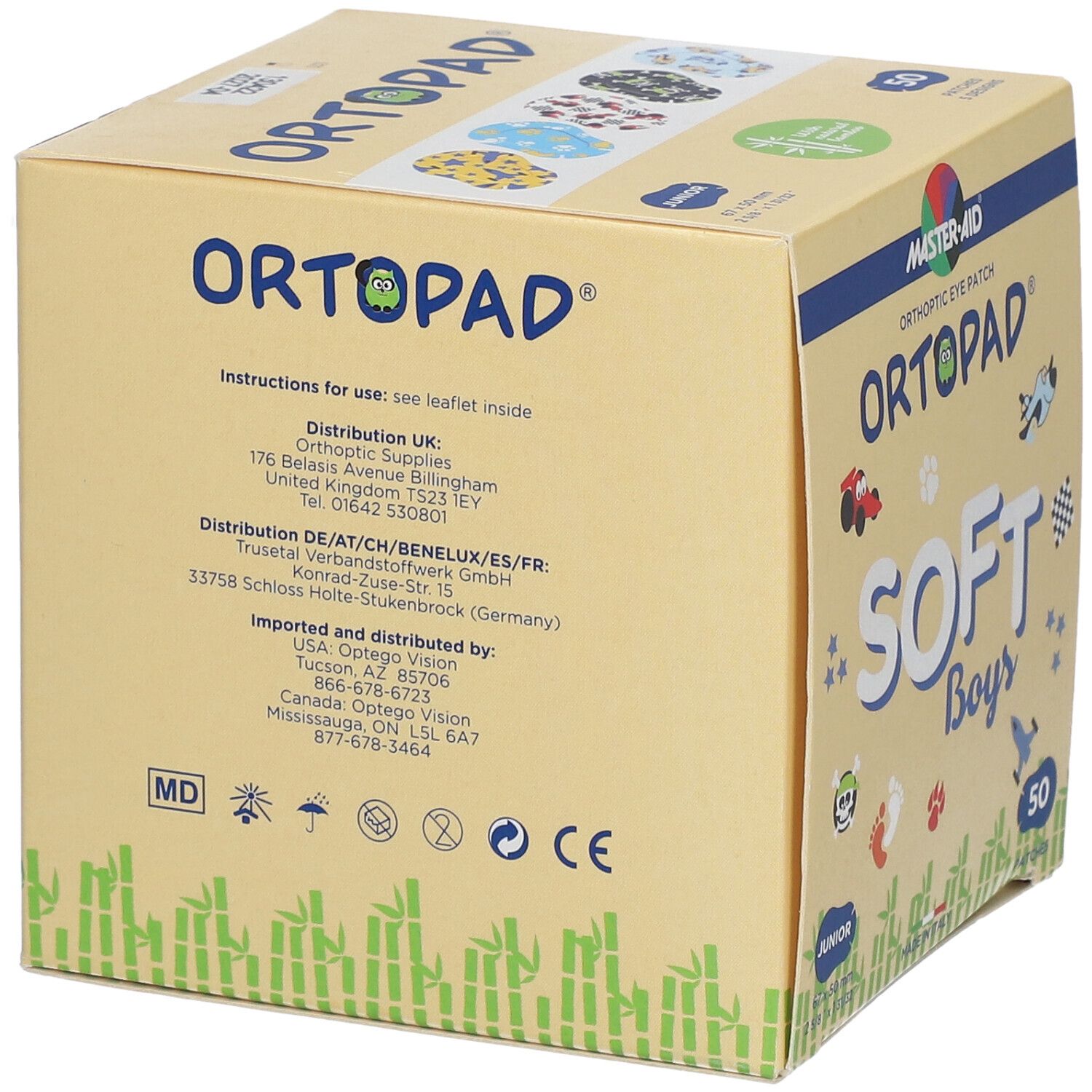 Boîte de pansements Ortopad Soft Boys Junior. Inscriptions : logo, nom du produit, adresses, marquage CE, 50 patchs.