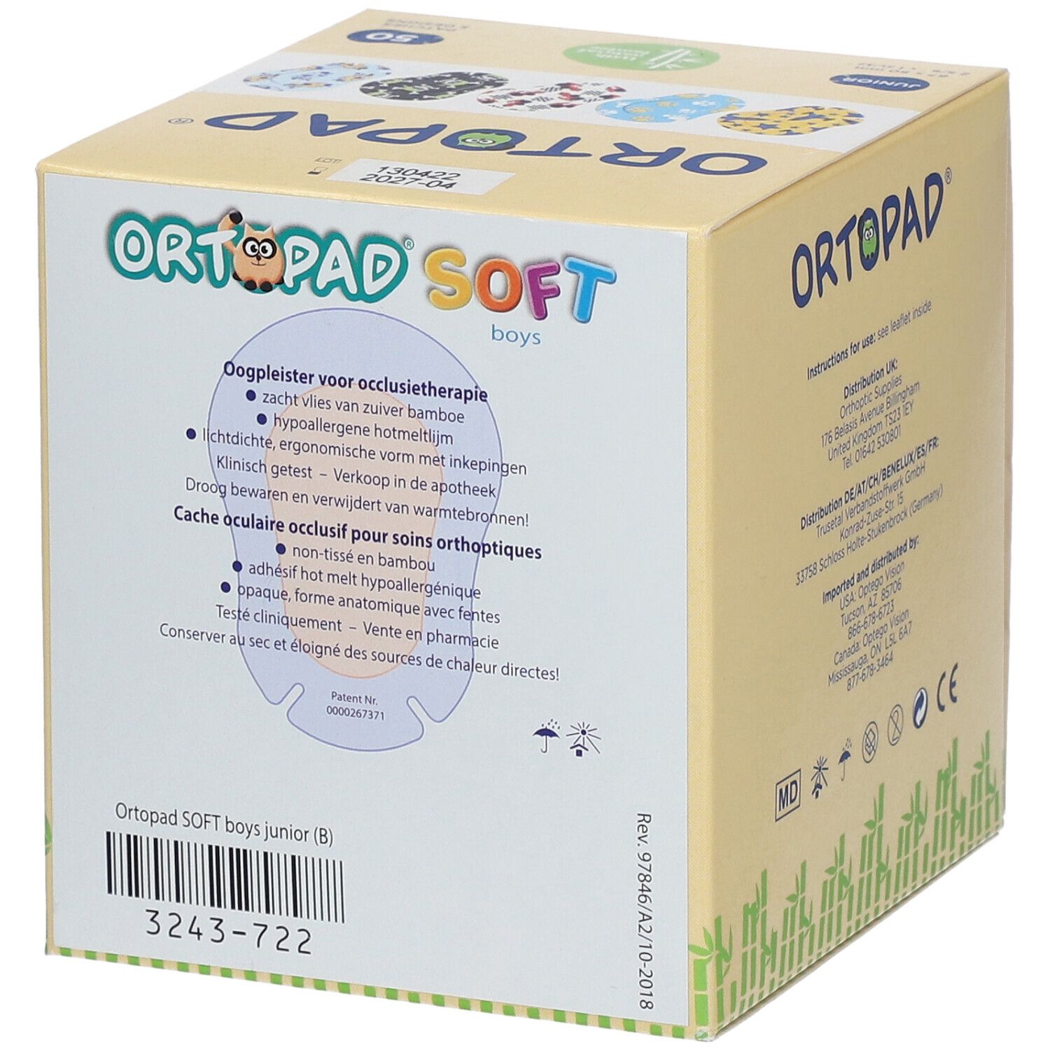 Dos de la boîte Ortopad Soft Boys Junior. Texte multilingue. Contient 50 patchs. Dimensions 67x50mm.
