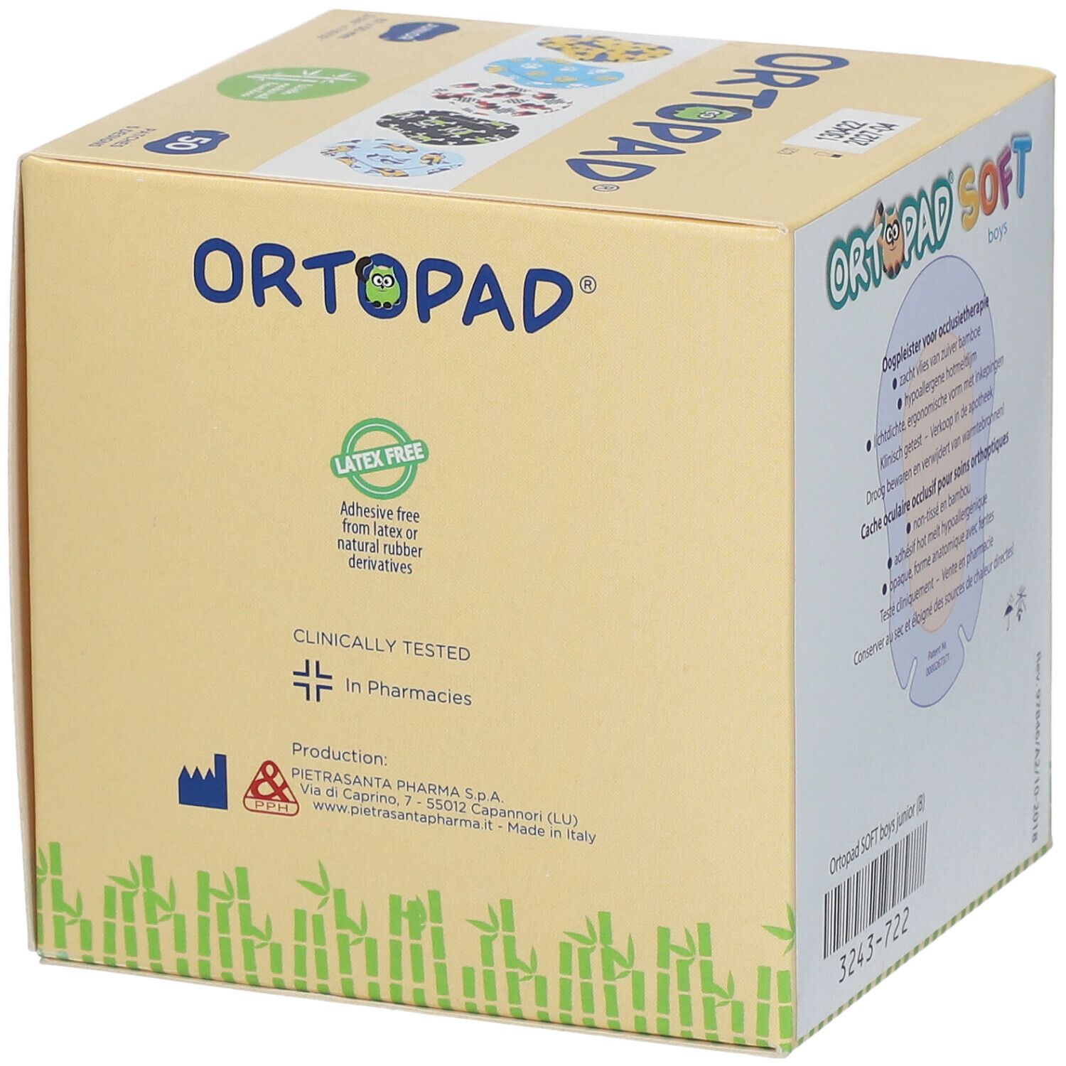 Boîte de pansements Ortopad Soft Boys Junior. Inscriptions : logo, nom du produit, sans latex, testé cliniquement, 50 patchs.