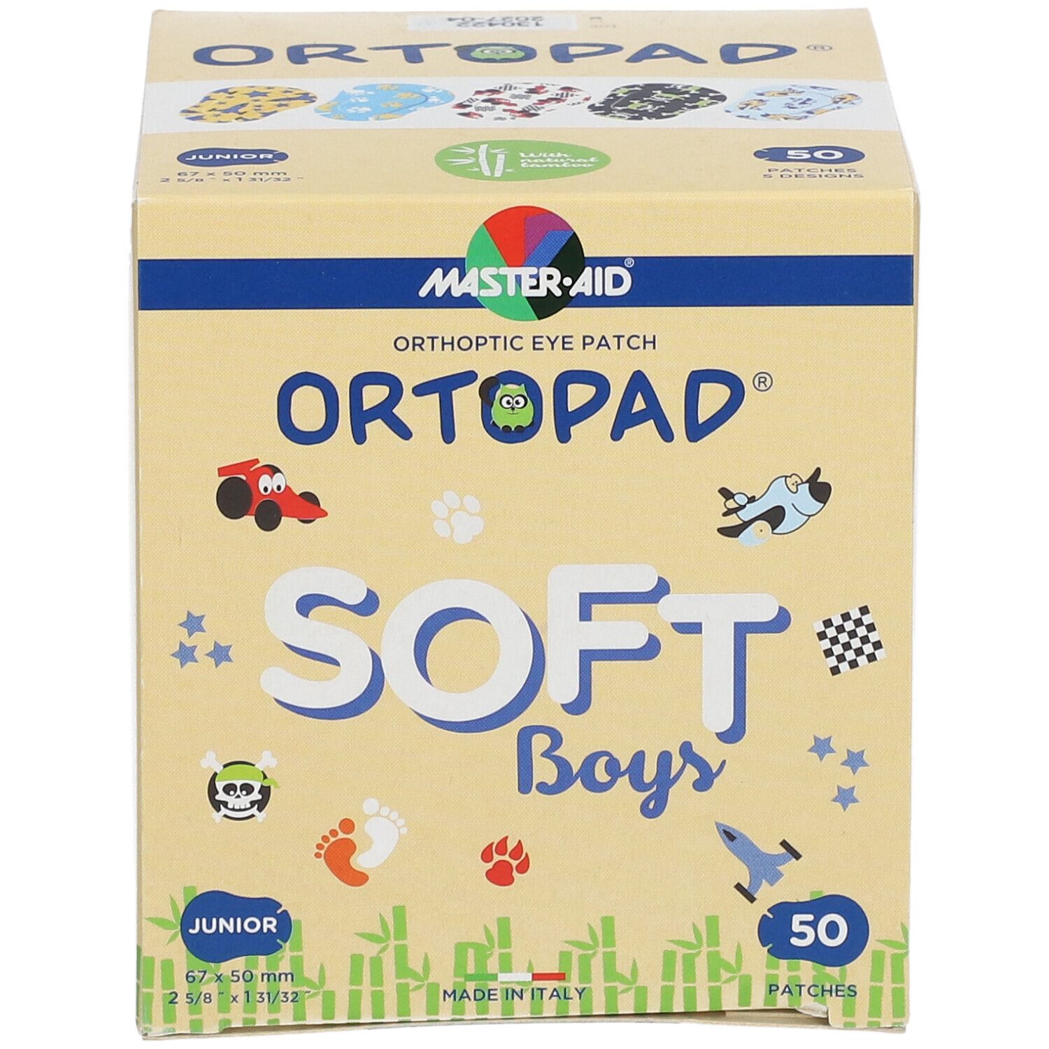 Boîte de pansements orthoptiques Ortopad Soft Boys Junior. Contient 50 patchs. Inscriptions : logo, nom du produit, illustrations, taille 67x50mm.