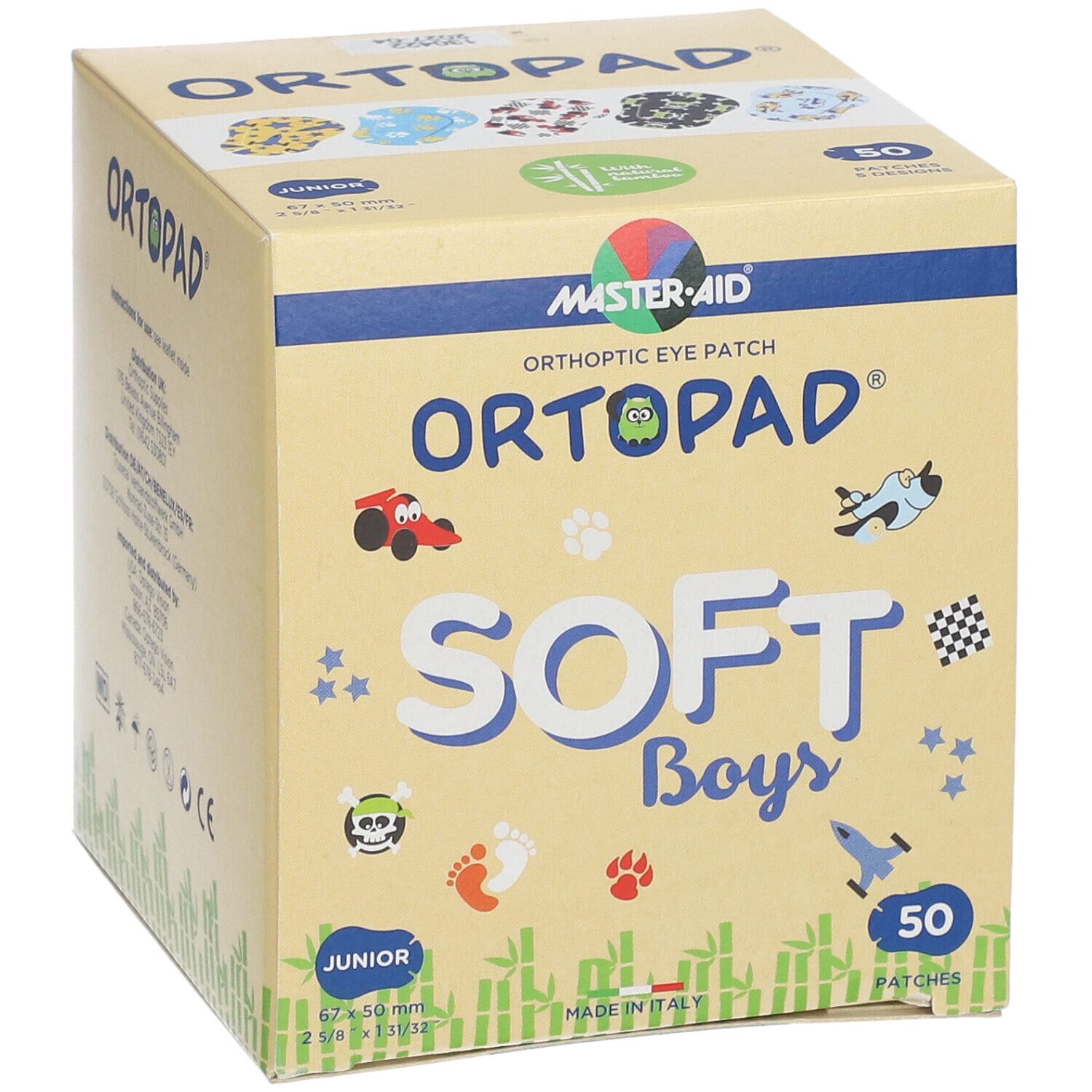 Boîte de pansements orthoptiques Ortopad Soft Boys Junior. Contient 50 patchs. Inscriptions : logo, nom du produit, illustrations, taille 67x50mm.
