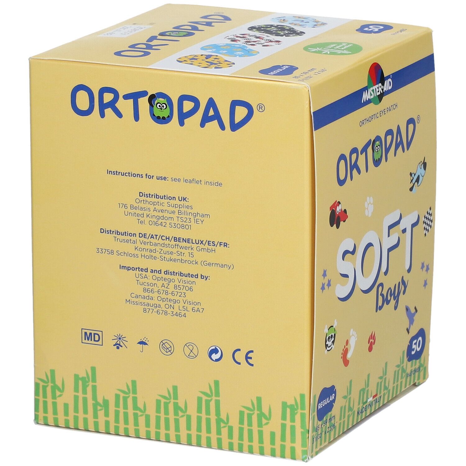 Boîte jaune avec impression. Contient 50 patchs. Inscription : ORTOPAD® SOFT Boys. Dos avec adresses.