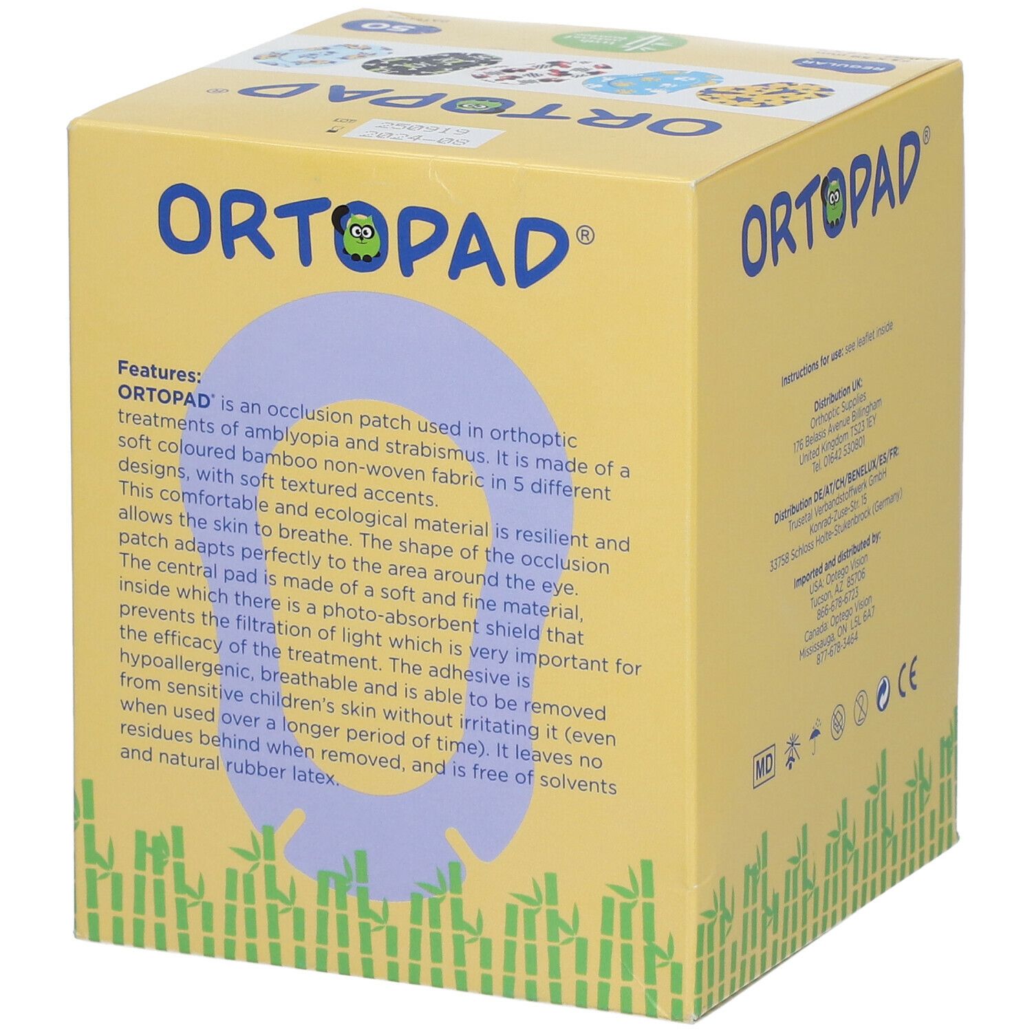 Boîte jaune avec impression. Contient 50 patchs. Inscription : ORTOPAD®. Texte sur les caractéristiques et les ingrédients.