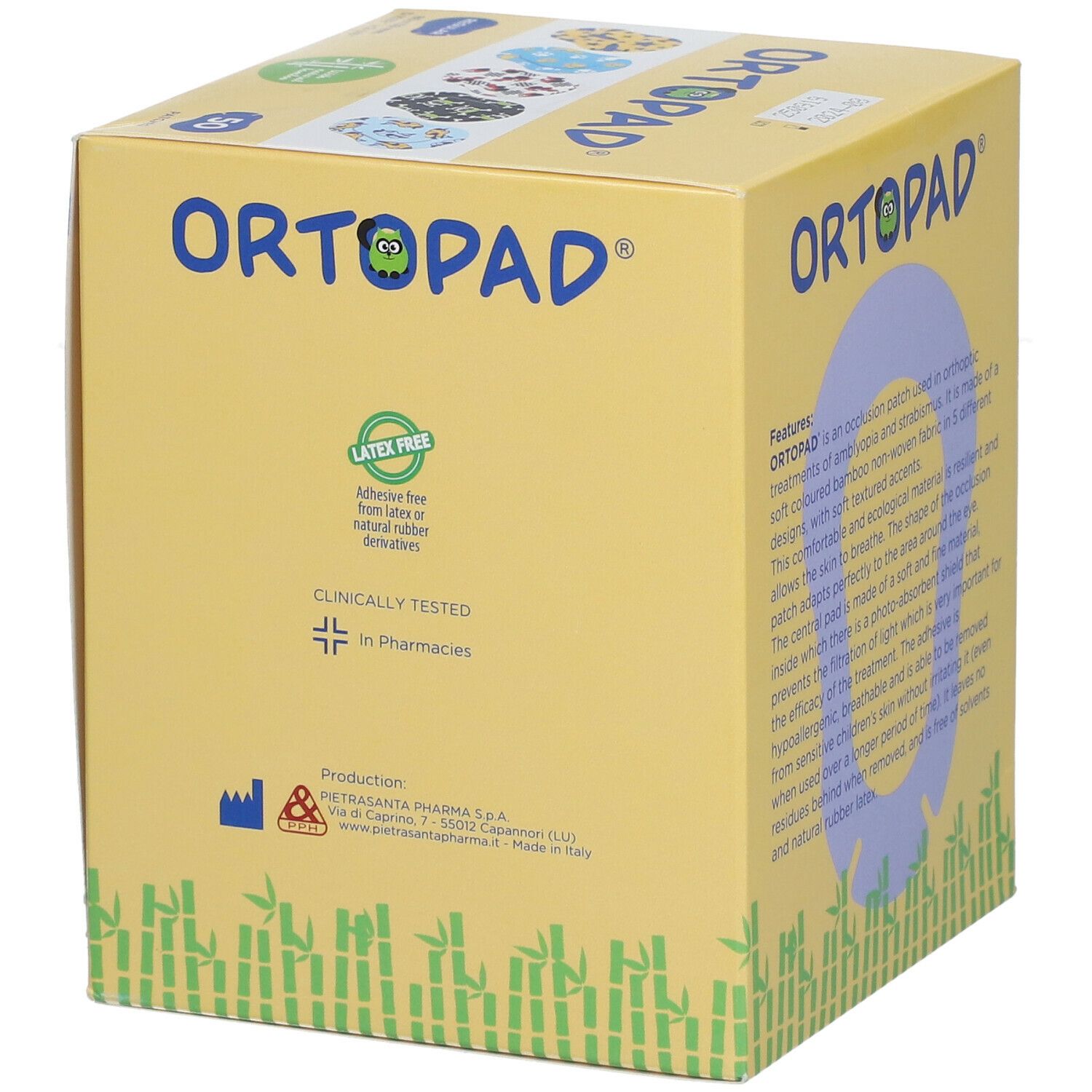 Boîte jaune avec impression. Contient 50 patchs. Inscription : ORTOPAD®. Sans latex et testé cliniquement.