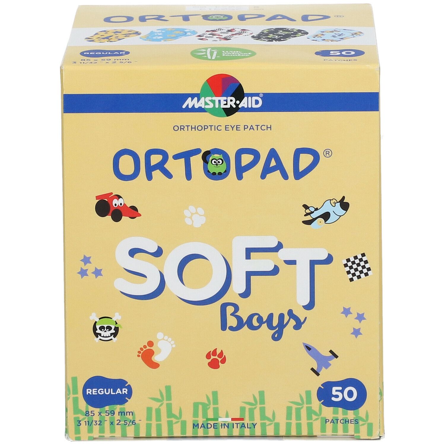 Boîte jaune avec impression. Contient 50 patchs. Inscription : ORTOPAD® SOFT Boys. Taille : 85 x 59 mm.