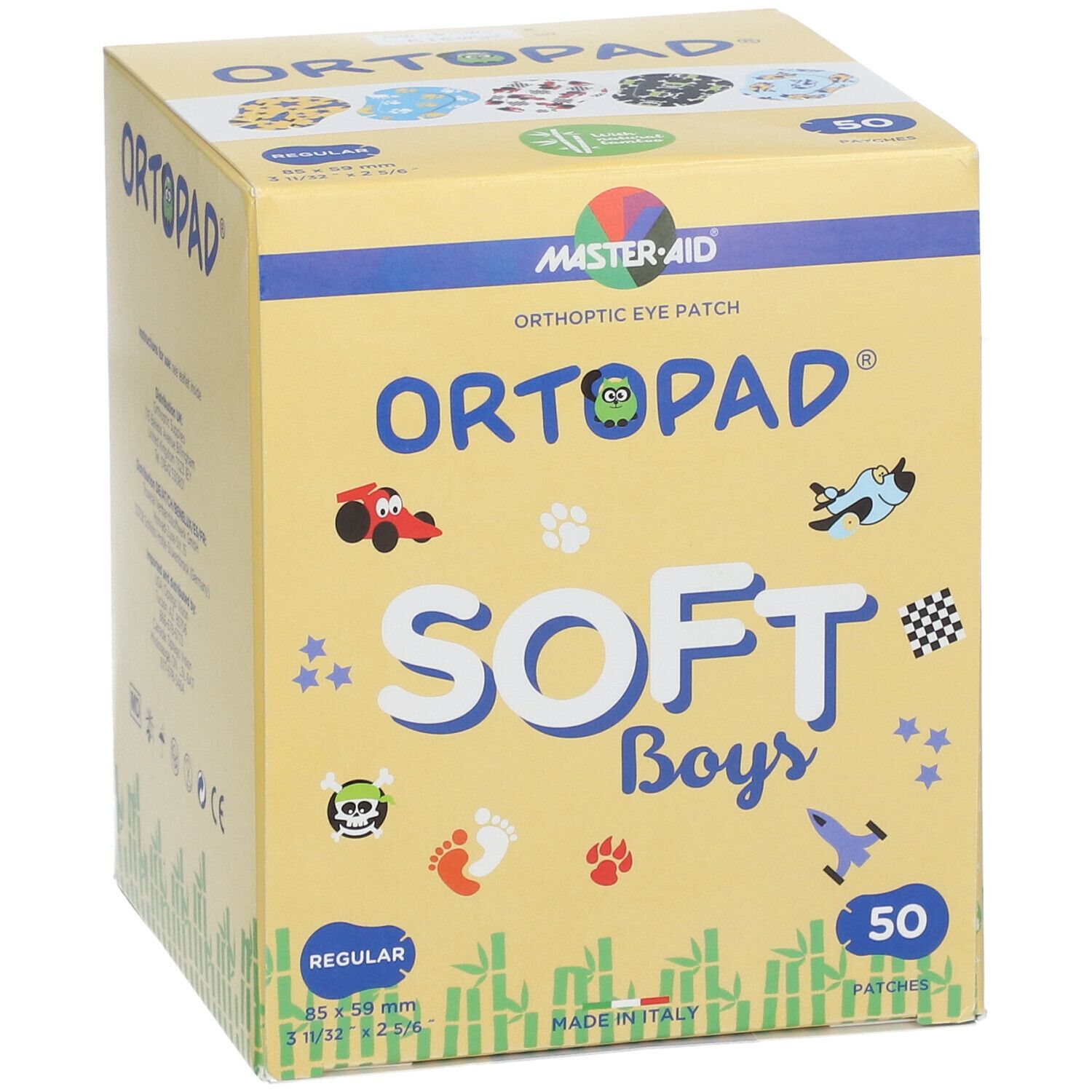 Boîte jaune avec impression. Contient 50 patchs. Inscription : ORTOPAD® SOFT Boys. Taille : 85 x 59 mm.