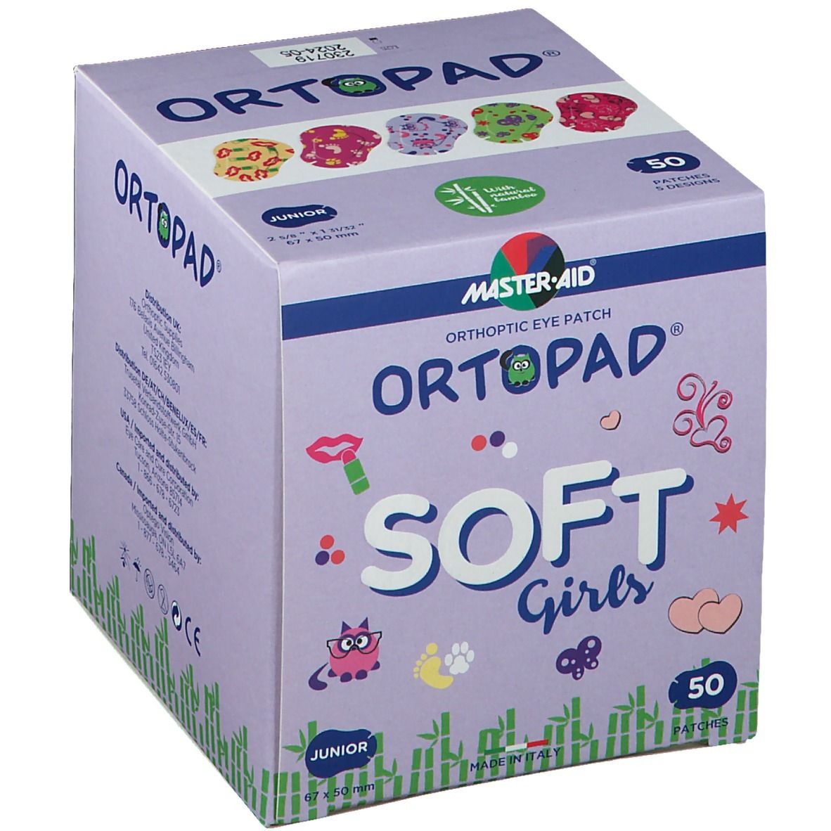 Boîte de patchs oculaires ORTOPAD SOFT Girls Junior. 50 patchs. Différents motifs sur le dessus. Dimensions 67 x 50 mm.
