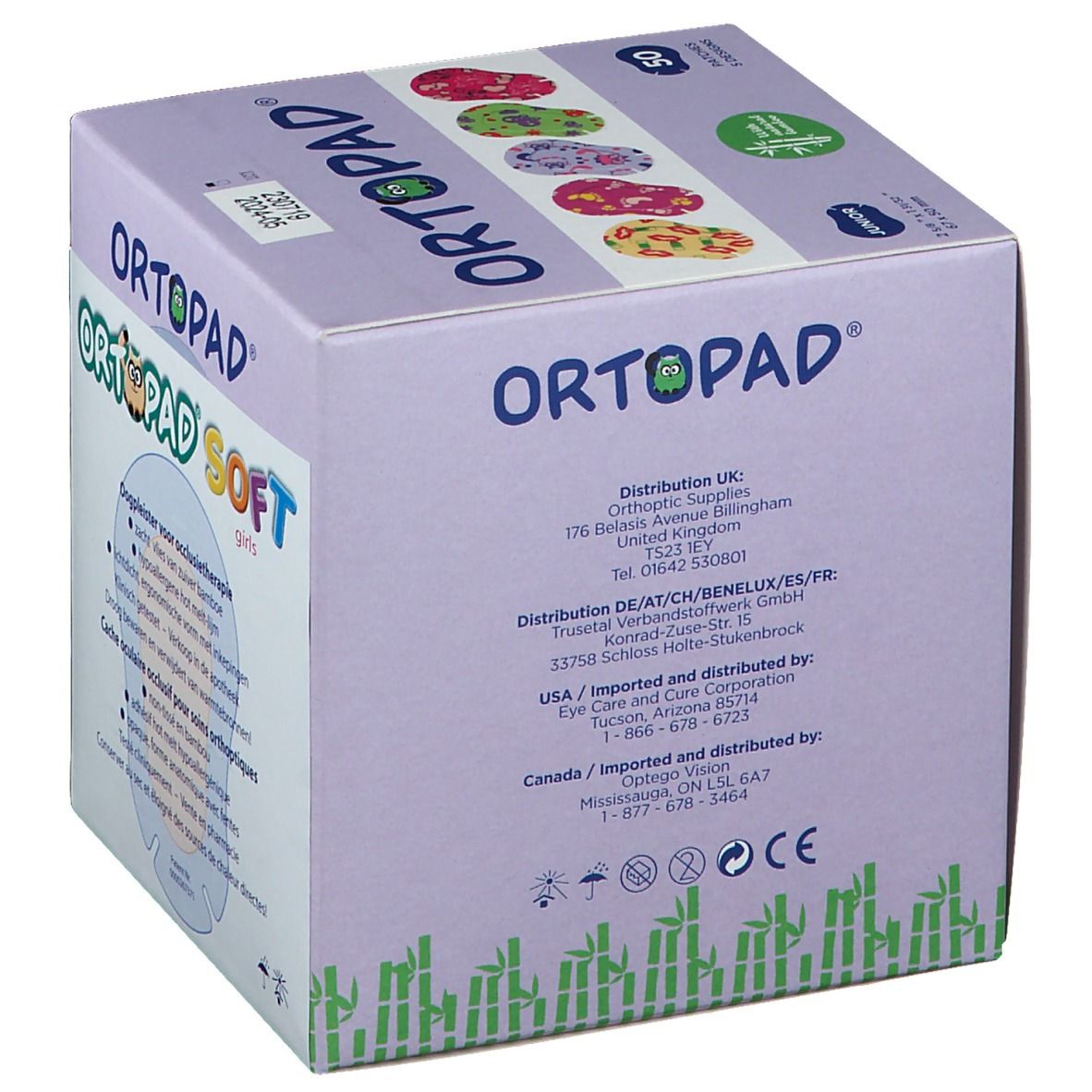 Boîte de patchs oculaires ORTOPAD SOFT Girls. 50 patchs. Adresses de distribution au Royaume-Uni, en Allemagne, aux États-Unis et au Canada.