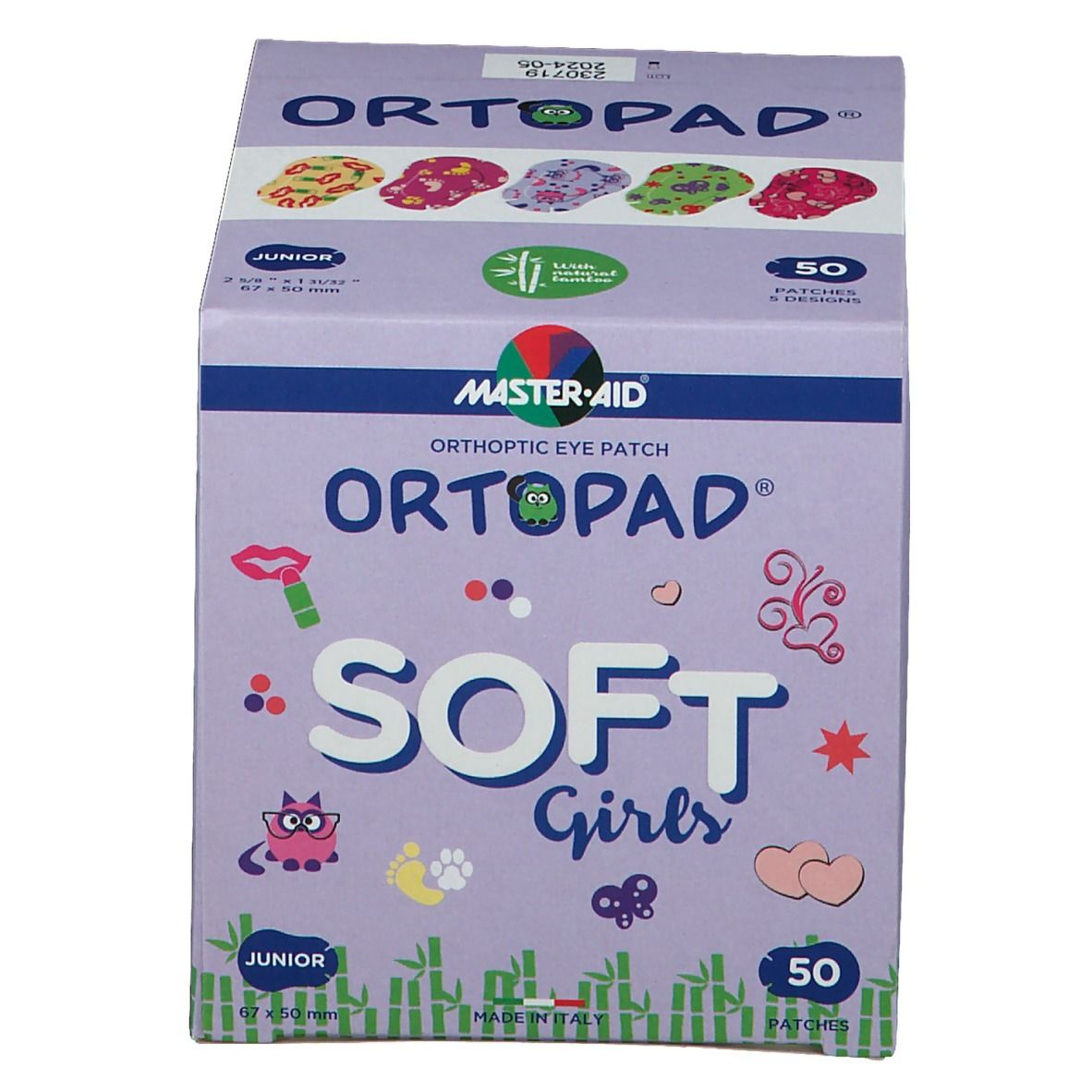 Boîte de patchs oculaires ORTOPAD SOFT Girls Junior. 50 patchs. Dimensions 67 x 50 mm. Différents motifs. Fabriqué en Italie.