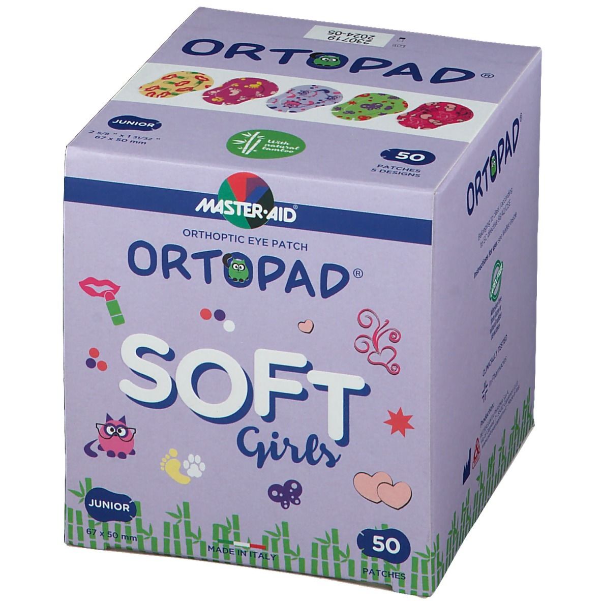 Boîte de patchs oculaires ORTOPAD SOFT Girls Junior. 50 patchs. Dimensions 67 x 50 mm. Différents motifs. Fabriqué en Italie.
