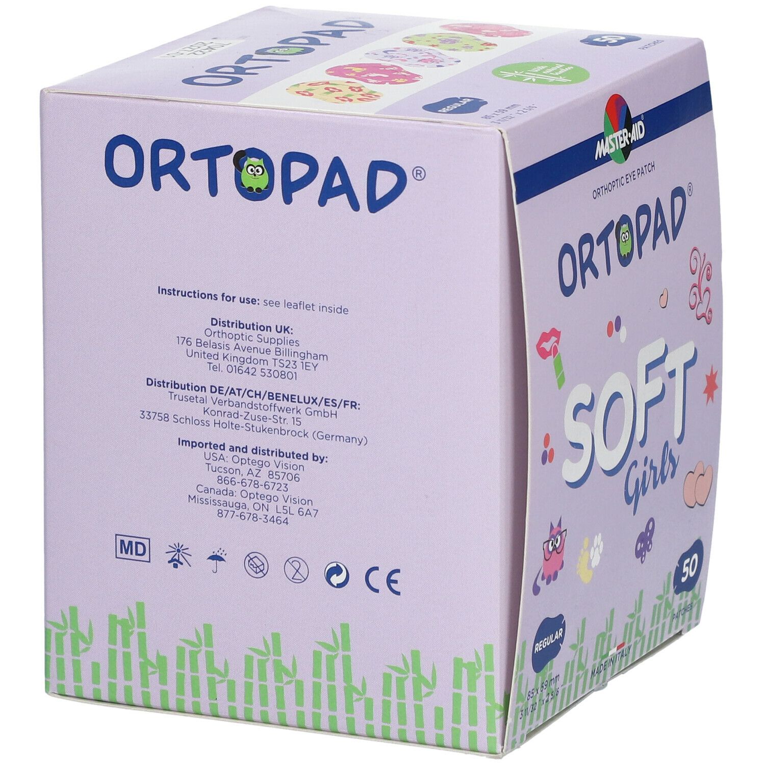 Emballage ORTOPAD® SOFT Girls. Informations sur la distribution, le mode d'emploi et le fabricant. Marquage CE.