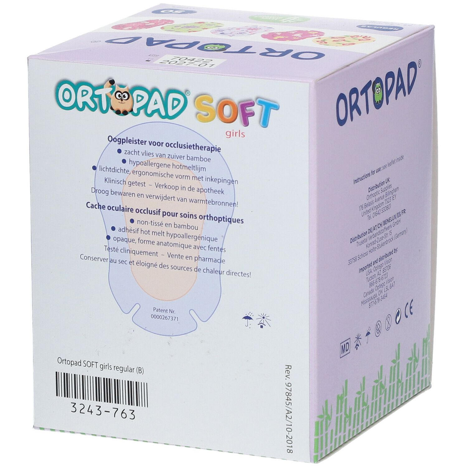 Emballage ORTOPAD® SOFT Girls. Informations produit en néerlandais. Avec indication de taille et informations fabricant.