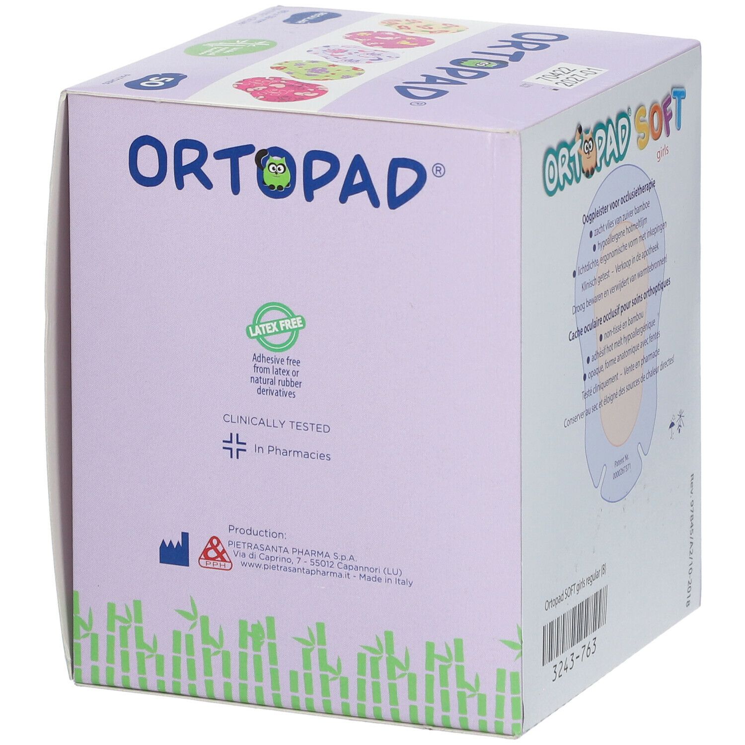 Emballage ORTOPAD® SOFT Girls. Informations sur l'absence de latex et les tests cliniques. Informations fabricant.