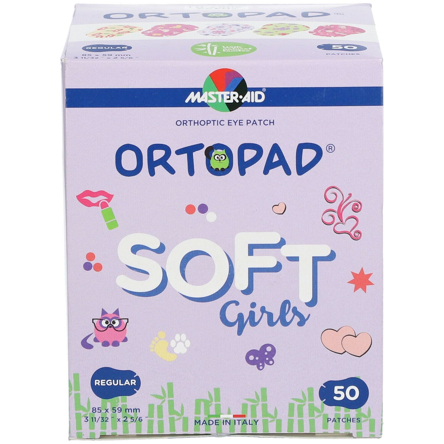 Boîte ORTOPAD® SOFT Girls, 50 patchs. Patchs orthoptiques. Dimensions : 85 x 59 mm. Emballage avec illustrations.