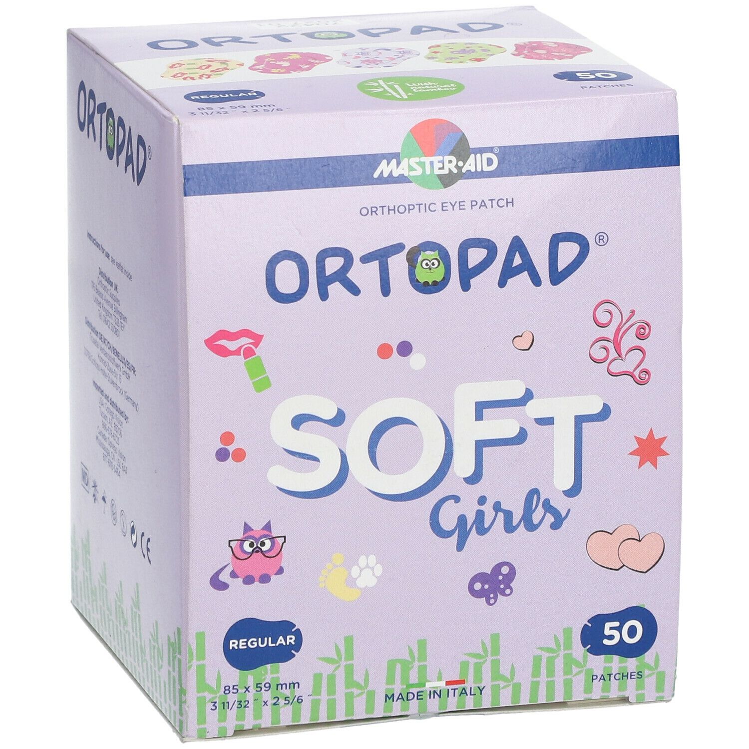 Boîte ORTOPAD® SOFT Girls, 50 patchs. Patchs orthoptiques. Dimensions : 85 x 59 mm. Emballage avec illustrations.