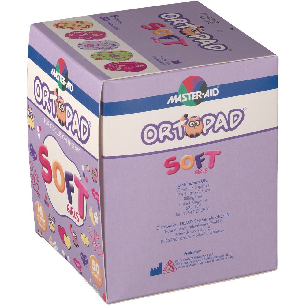 Boîte de MASTER-AID® ORTOPAD® Soft Girls. Boîte violette avec nom du produit et informations d'adresse. Contient 50 patchs, taille M.