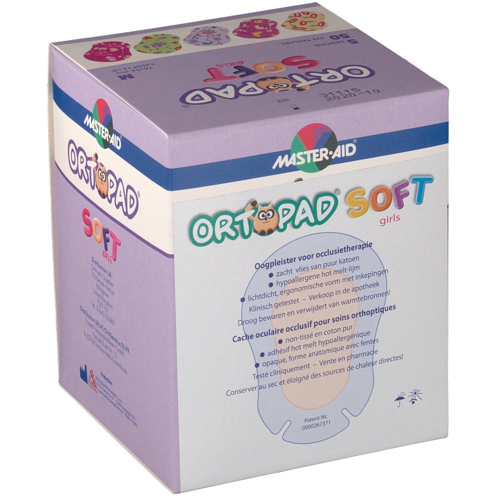 Boîte de MASTER-AID® ORTOPAD® Soft Girls. Boîte violette avec nom du produit et informations. Contient 50 patchs, taille M.