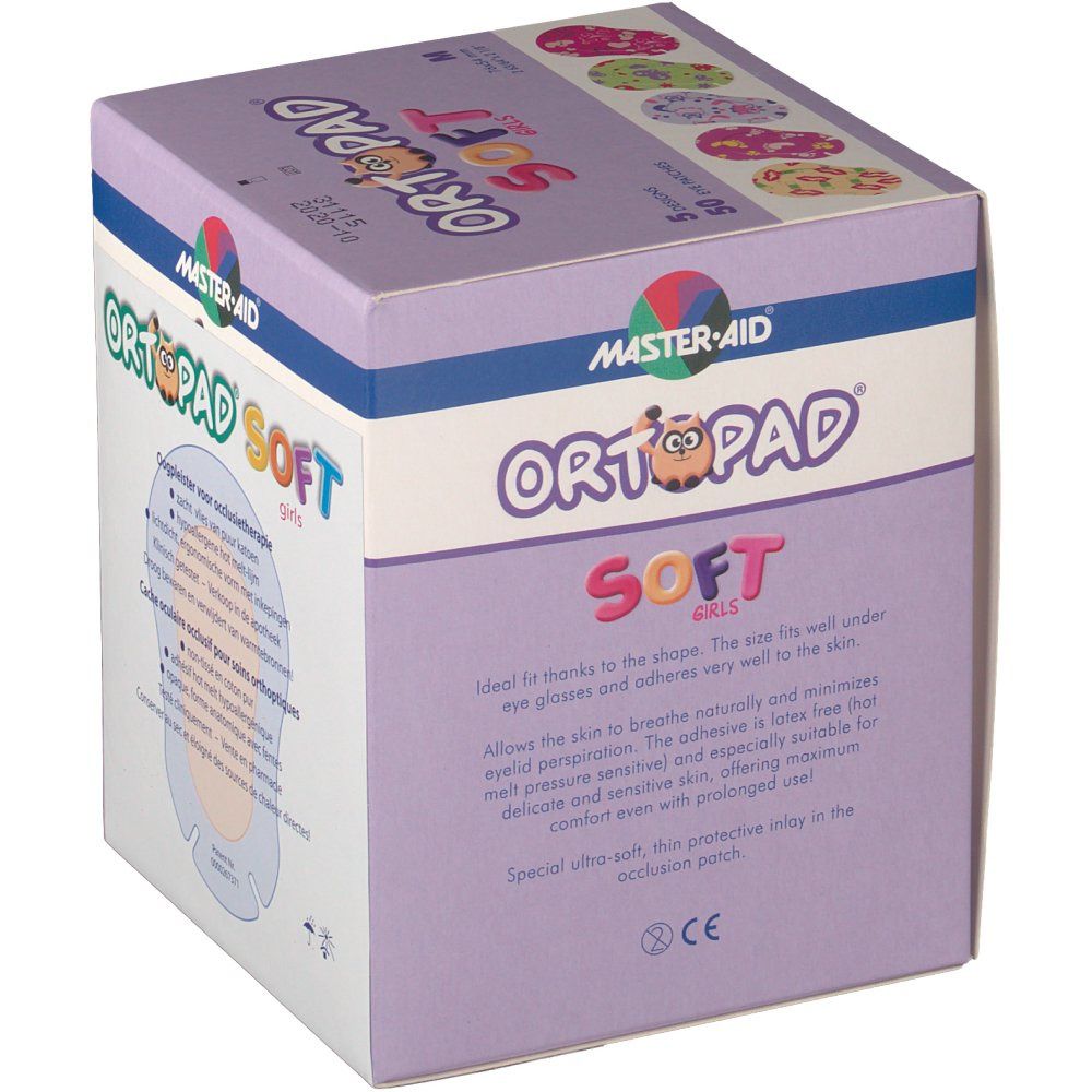 Boîte de MASTER-AID® ORTOPAD® Soft Girls. Boîte violette avec nom du produit et informations. Contient 50 patchs, taille M.