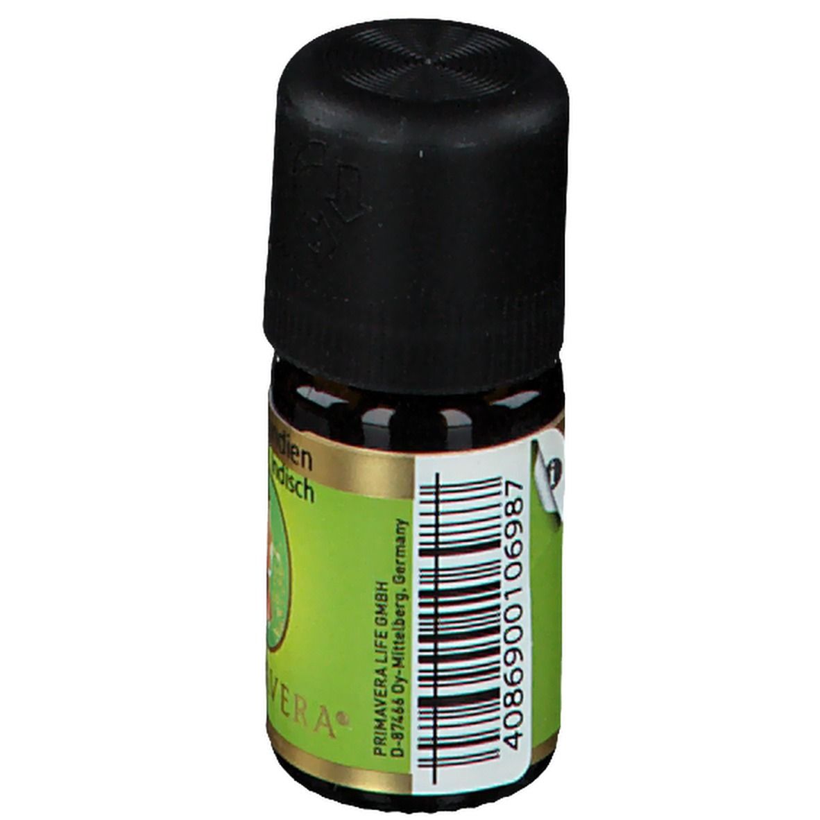 Flacon en verre brun avec bouchon noir. Étiquette avec code-barres et informations sur le produit. Logo Primavera.