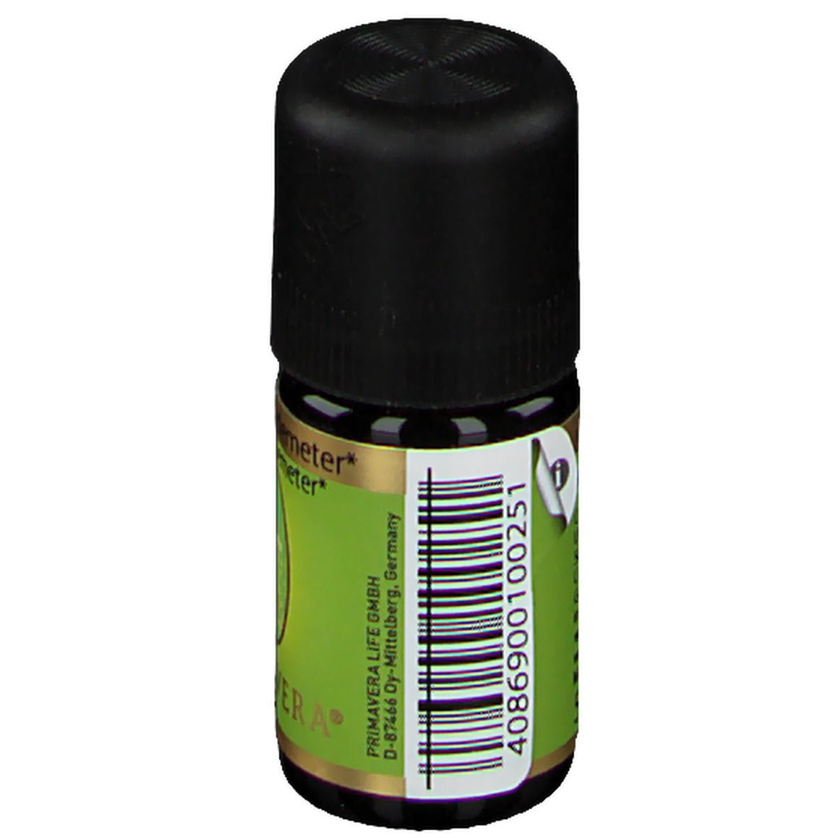 Flacon en verre brun avec bouchon noir. Étiquette avec code-barres et informations produit. "PRIMAVERA LIFE GmbH" et "Made in Germany" sont visibles.
