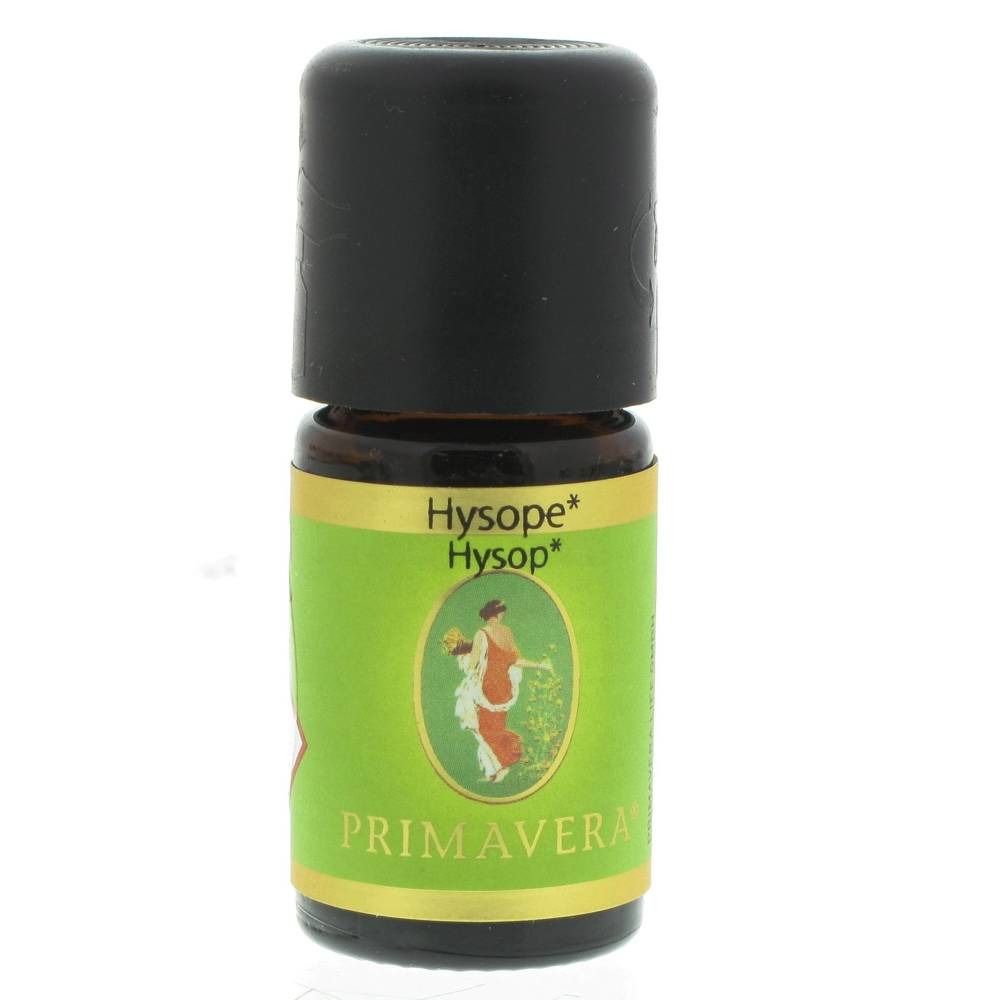 Flacon en verre brun avec bouchon noir. Étiquette verte avec inscription Hysop* Hysop*. Marque : PRIMAVERA.