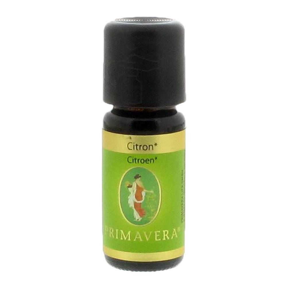 Bruine glazen fles met zwarte dop. Groen-gouden etiket met PRIMAVERA-logo en afbeelding. Tekst: Citron, Citroen.
