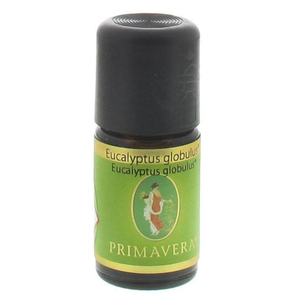 Flacon en verre brun avec bouchon noir. Étiquette verte avec "Eucalyptus globulus" et "PRIMAVERA".